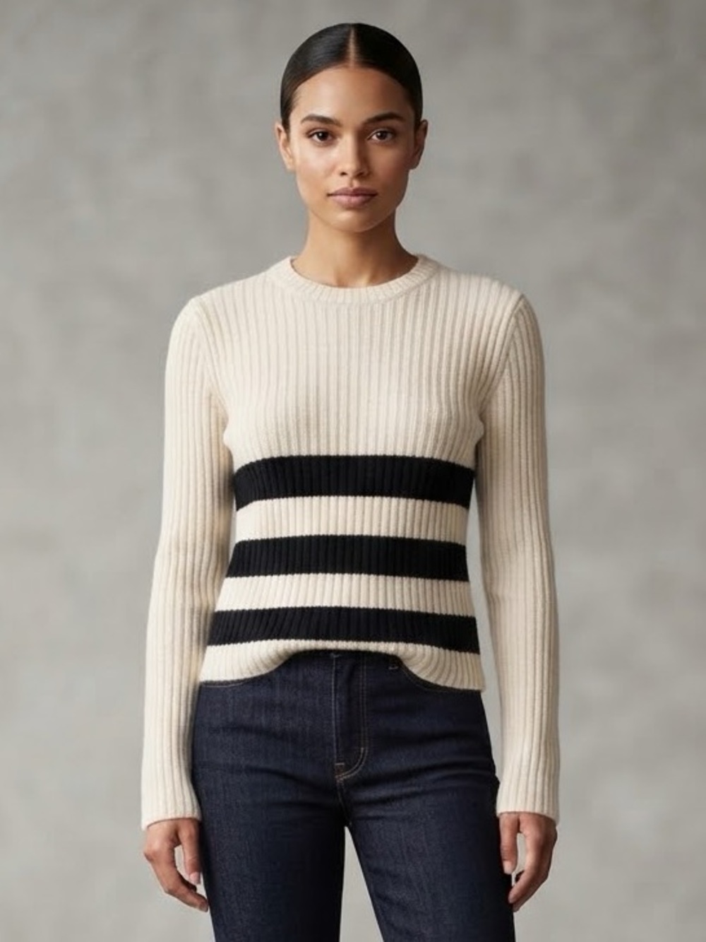 Equipment Carson Striped Wool Alpaca Blend Knit Ribbed Crewneck Sweater Cream XS